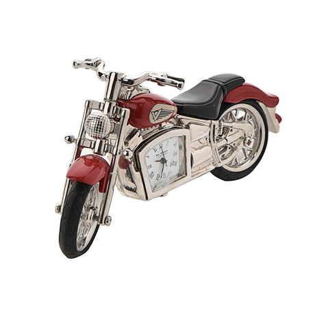 Widdop miniature clock designed as a red and cream Indian style motorbike with chrome details, featuring a square white clock face with Roman numerals mounted on the sidecar
