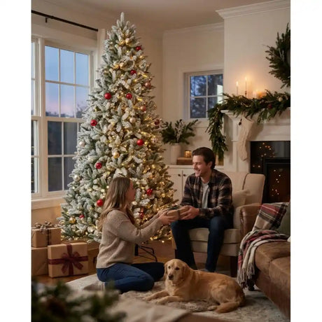 Couple sitting by a 7.5ft frosted Snowy Newberry Spruce Christmas tree decorated with warm white lights, red and gold ornaments, and snow-frosted branches in a bright living room with a golden retriever, wrapped gifts, fireplace garland, and windows overlooking twilight