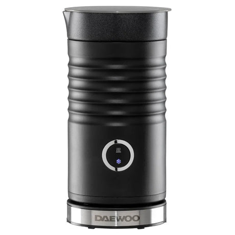 Daewoo black electric milk frother with stainless steel base, 200ml capacity, featuring ribbed design and illuminated control button