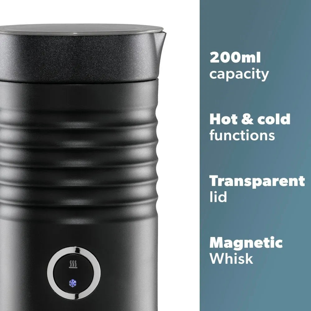 Daewoo black electric milk frother with 200ml capacity, featuring a textured metallic body, transparent lid, magnetic whisk, and illuminated control panel with hot and cold function indicators