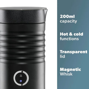 Daewoo black electric milk frother with 200ml capacity, featuring a textured metallic body, transparent lid, magnetic whisk, and illuminated control panel with hot and cold function indicators