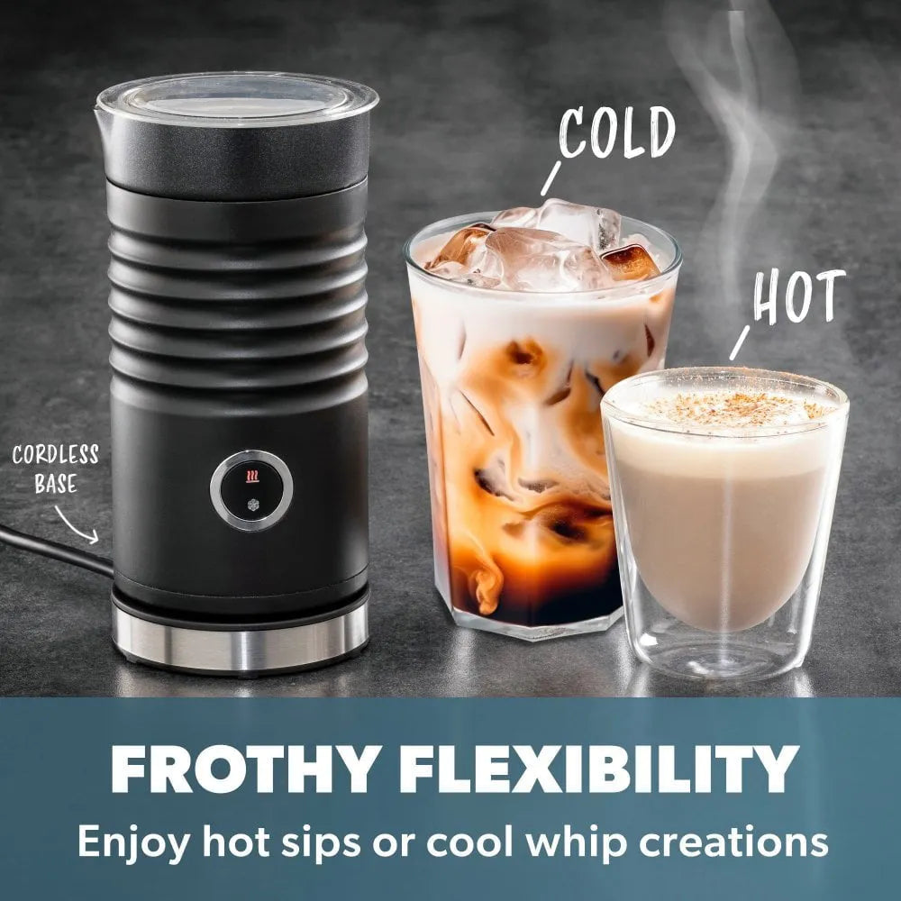 Daewoo electric milk frother in black with cordless base and stainless steel accents, displaying hot frothed milk and cold iced coffee beverages demonstrating frothy flexibility