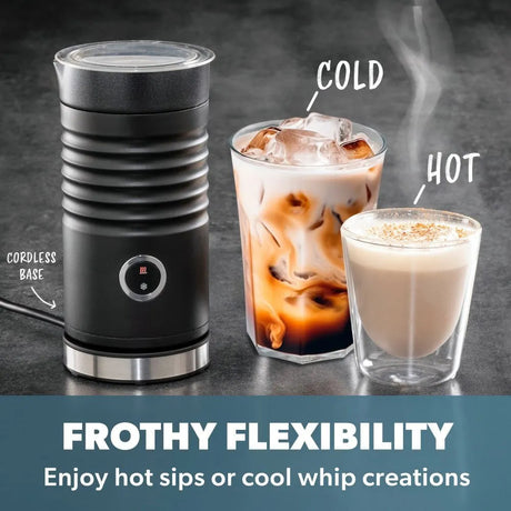 Daewoo electric milk frother in black with cordless base and stainless steel accents, displaying hot frothed milk and cold iced coffee beverages demonstrating frothy flexibility
