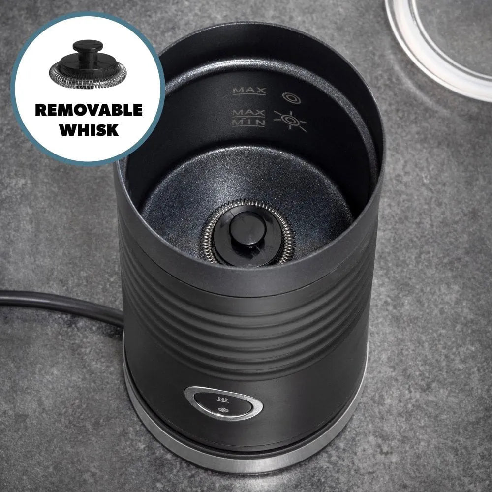 Daewoo black electric milk frother with removable whisk, 200ml capacity, showing interior heating element and control button on stainless steel base
