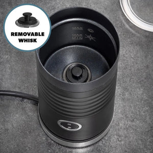 Daewoo black electric milk frother with removable whisk, 200ml capacity, showing interior heating element and control button on stainless steel base