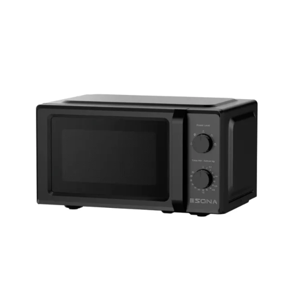 Sona 20 litre black manual microwave with 700w power, featuring a dark interior chamber and two control dials on the right side