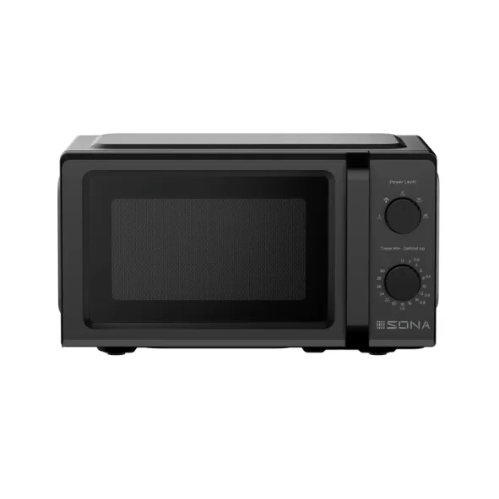 Black Sona 20 litre 700w manual microwave oven with dual control knobs and chrome handle displayed against white background