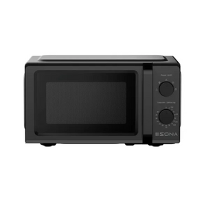Black Sona 20 litre 700w manual microwave oven with dual control knobs and chrome handle displayed against white background