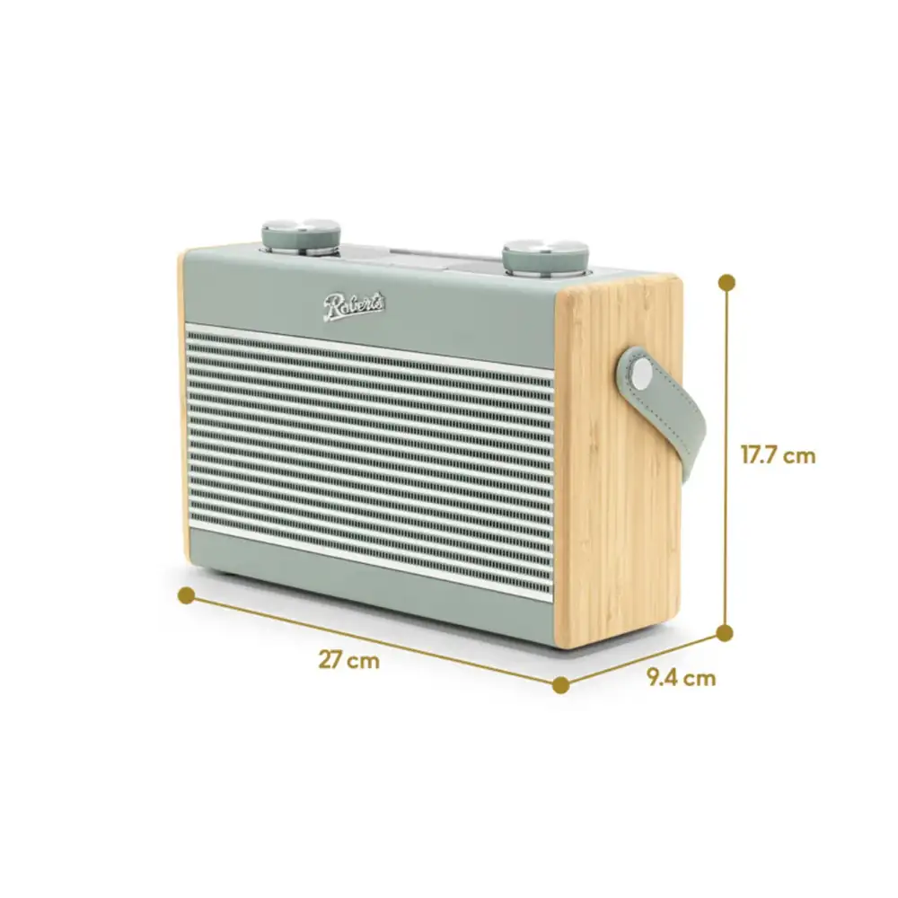 Roberts Rambler Max Smart DAB+ FM radio with duck egg blue top panel and natural wood sides, showing dimensions of 27cm width, 17.7cm height, and 9.4cm depth, featuring carrying handle and control knobs