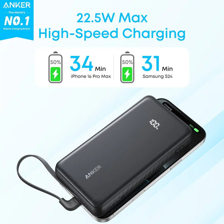 Anker Zolo 10000mAh 22.5W power bank in black with built-in USB-C cable, showing 34 minutes charging for iPhone 16 Pro Max and 31 minutes for Samsung S24, displayed at an angle with LED display visible