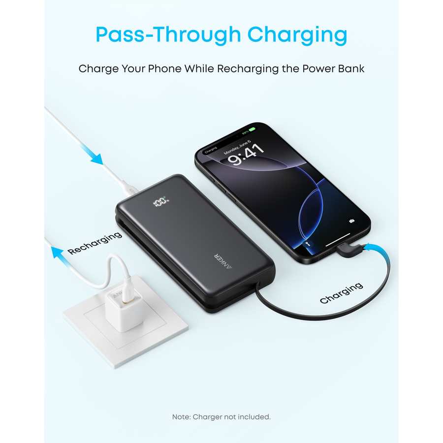 Anker Zolo Power Bank 20,000mAh 22.5Wwith Built In USB-C x2 Cable - Black | A110EH11