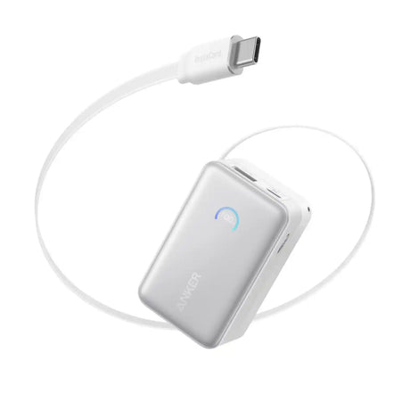 White Anker Nano Power Bank 10000mAh 45W with built-in USB-C cable, showing silver rectangular charging device with blue indicator light and attached white cable with USB-C connector