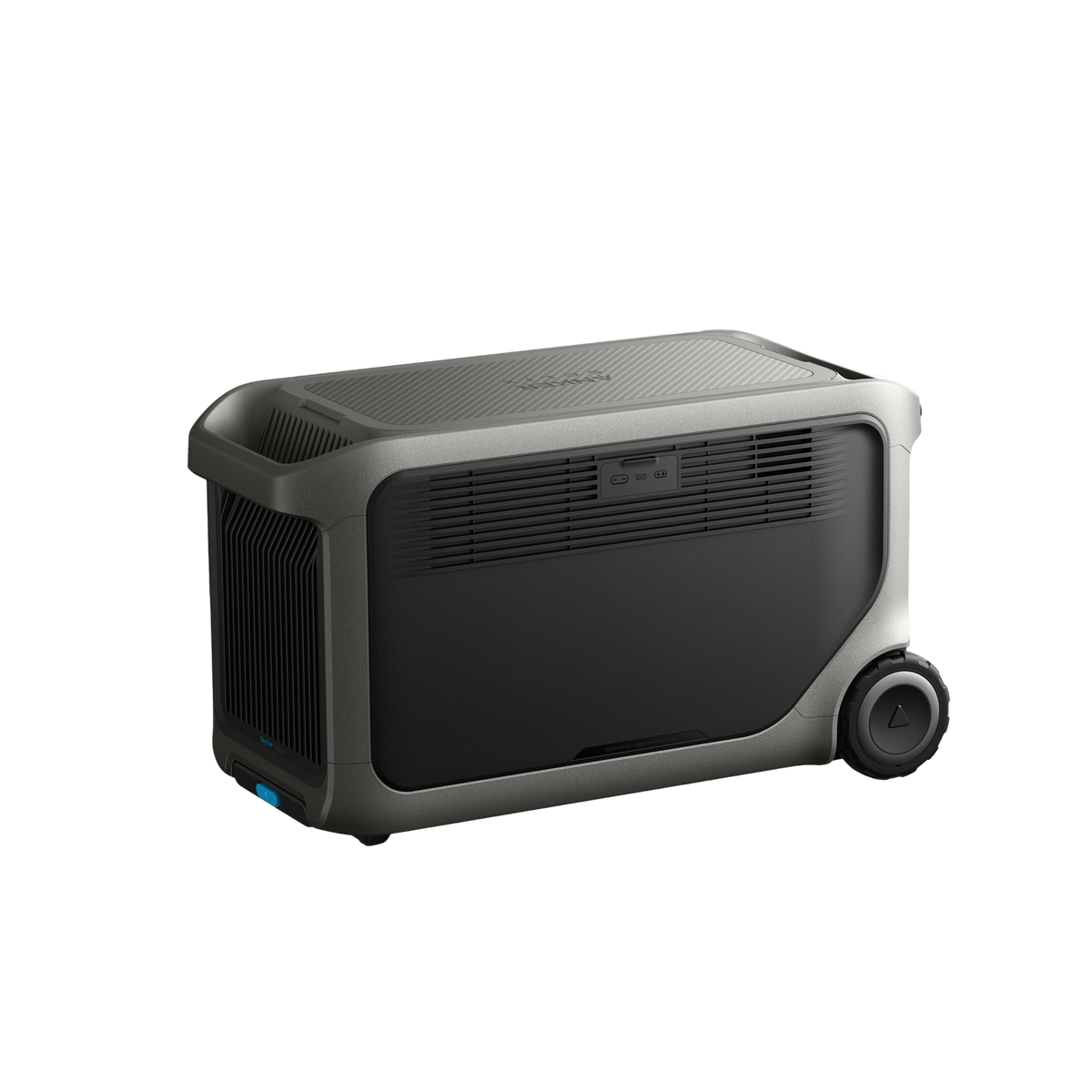 Anker Solix F3000 portable power station with 3000Wh capacity, featuring a grey and black exterior with ventilation grilles, large dark display window, control dial, and wheeled base for mobility