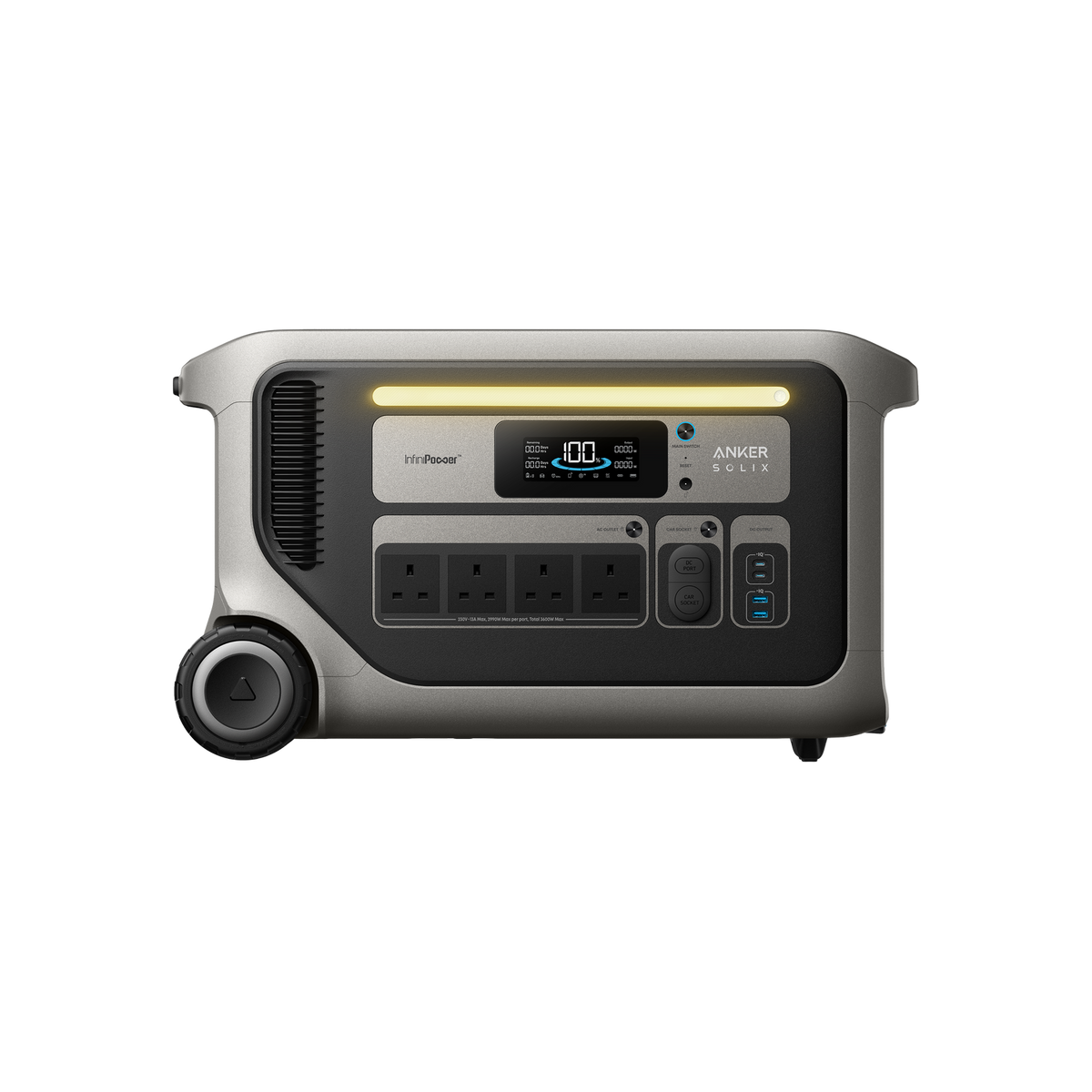 Anker Solix F3000 portable power station with 3000Wh capacity, featuring silver and black design, digital display showing 100W output, four AC outlets, control buttons, and wheeled base for mobility