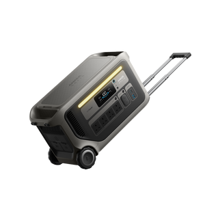 Anker Solix F3000 portable power station with 3000Wh capacity featuring gray and black design, digital display panel, multiple AC outlets, telescopic handle and wheels for mobility