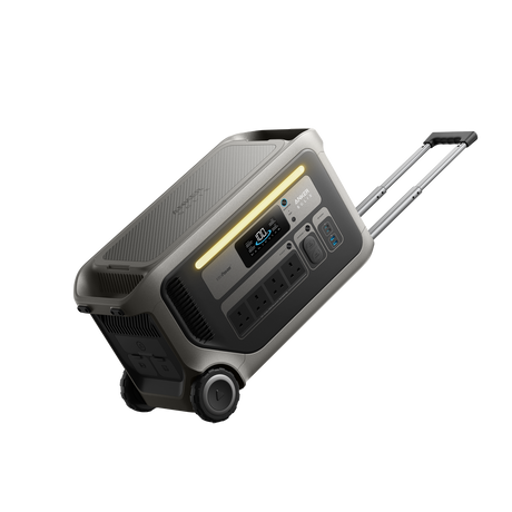 Anker Solix F3000 portable power station with 3000Wh capacity featuring gray and black design, digital display panel, multiple AC outlets, telescopic handle and wheels for mobility