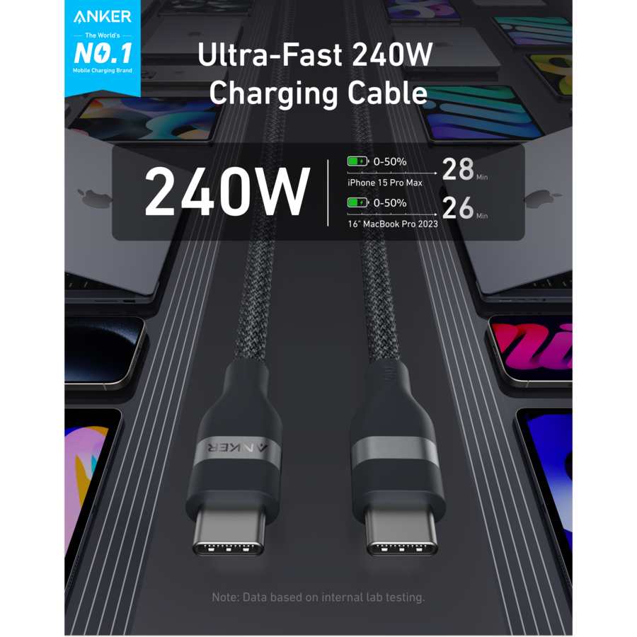 Anker 90cm USB C to USB C 240W Charging Cable - Black | A82E2H11