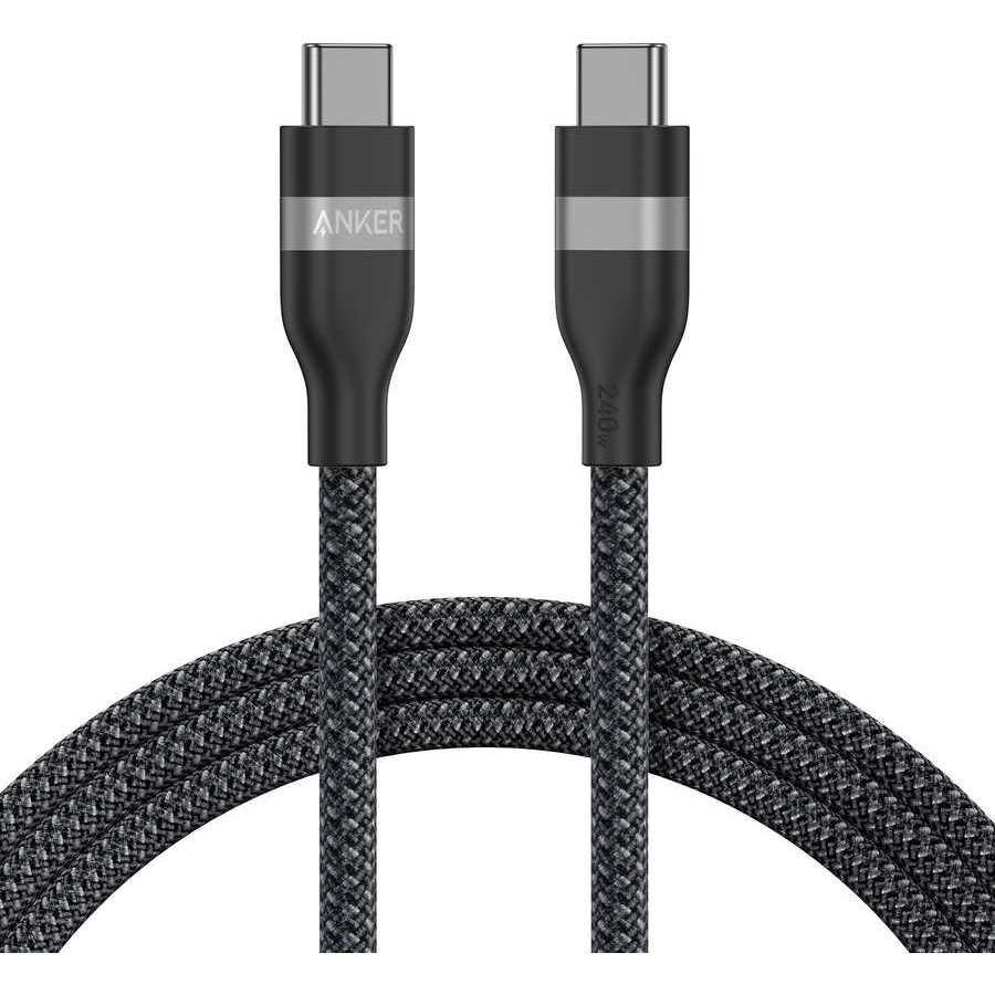 Anker USB-C to USB-C cable 1.83 metre with black nylon braided design and silver connector bands displayed against white background