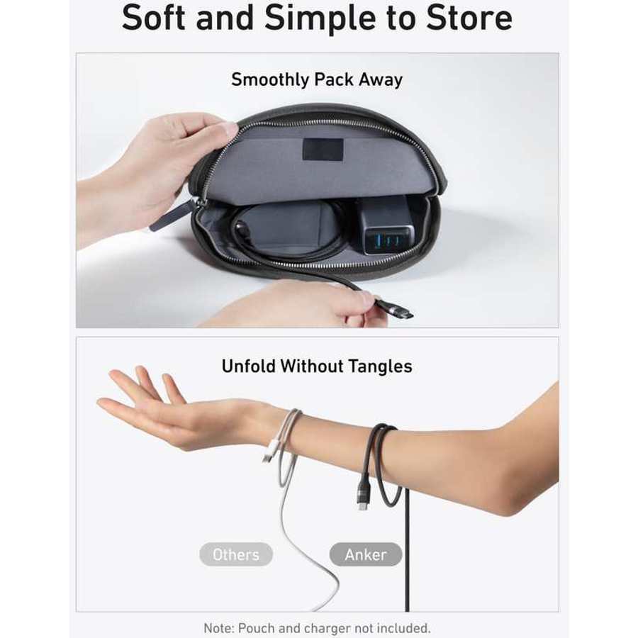 Anker USB-C to USB-C charging cable 1.83 metre black displayed in storage pouch showing compact packing and tangle-free organization compared to other cables