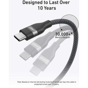 Anker USB-C to USB-C cable in black with braided nylon jacket showing 30,000+ bend lifespan durability, designed to last over 10 years, 1.83 metre length with multiple connector angles displayed