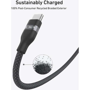 Anker USB-C to USB-C cable 1.83 metre black with grey braided exterior made from 100% post-consumer recycled material, showing close-up detail of textured braided coating