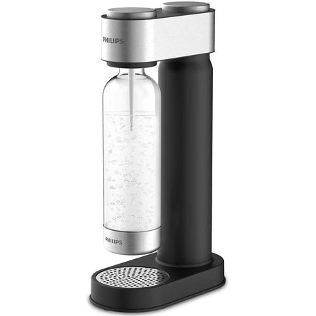 Philips GoZero black and stainless steel soda water maker with glass bottle filled with carbonated water and dual dispensing nozzles