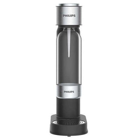 Philips GoZero Soda Water Maker in black and stainless steel with glass carbonation bottle on black base stand