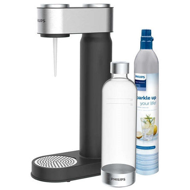 Philips GoZero soda water maker in black and stainless steel with CO2 bottle, reusable water bottle and carbonation cylinder displayed on white background