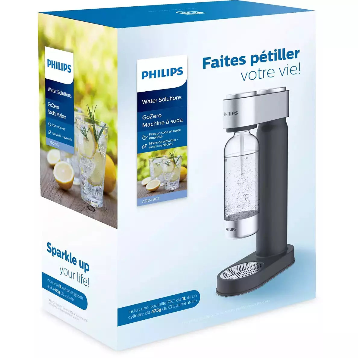 Philips GoZero soda maker machine with black and stainless steel design shown in product packaging with carbonated water bottle, includes CO2 cylinder, French language box with tagline Faites pétiller votre vie