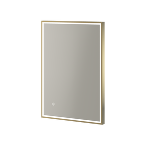 Aqualla Fuse Frame LED bathroom mirror with brushed brass frame and integrated LED lighting, rectangular portrait orientation design