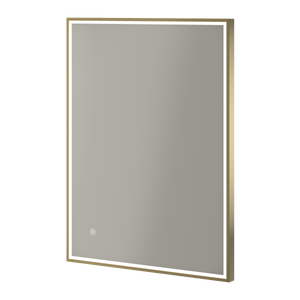Aqualla Fuse Frame LED bathroom mirror with brushed brass frame and white border, rectangular design, 500x700mm or 600x800mm, featuring integrated LED lighting and touch control button