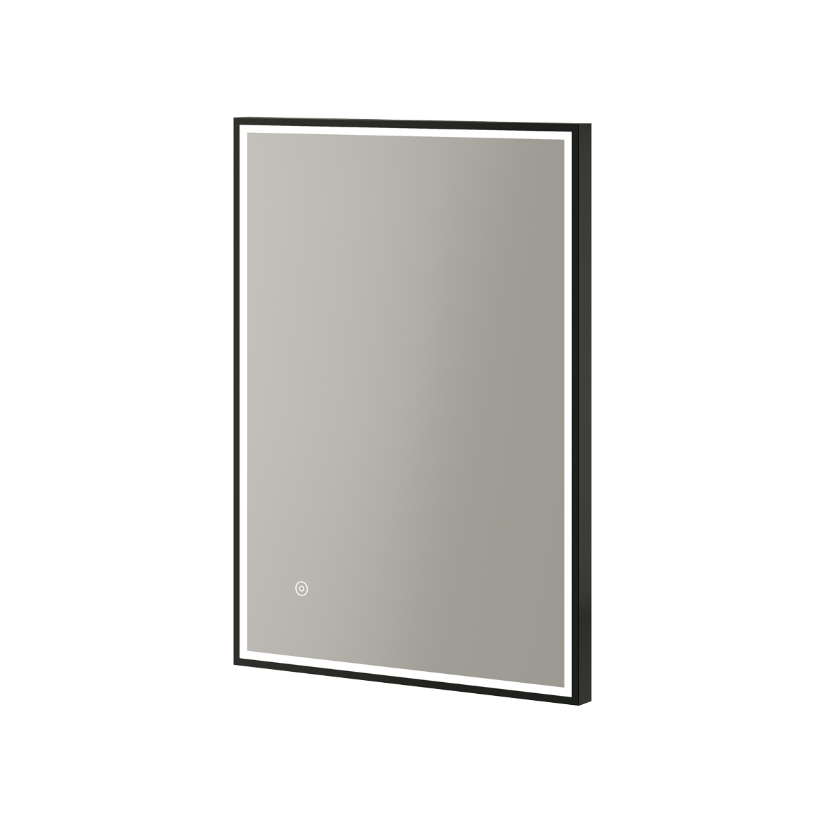 Aqualla Fuse Frame LED bathroom mirror with black frame and brushed brass accents, rectangular portrait orientation, featuring integrated LED lighting and touch control button, available in 500x700mm and 600x800mm sizes