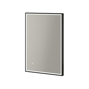 Aqualla Fuse Frame LED bathroom mirror with black frame and brushed brass accents, rectangular portrait orientation, featuring integrated LED lighting and touch control button, available in 500x700mm and 600x800mm sizes