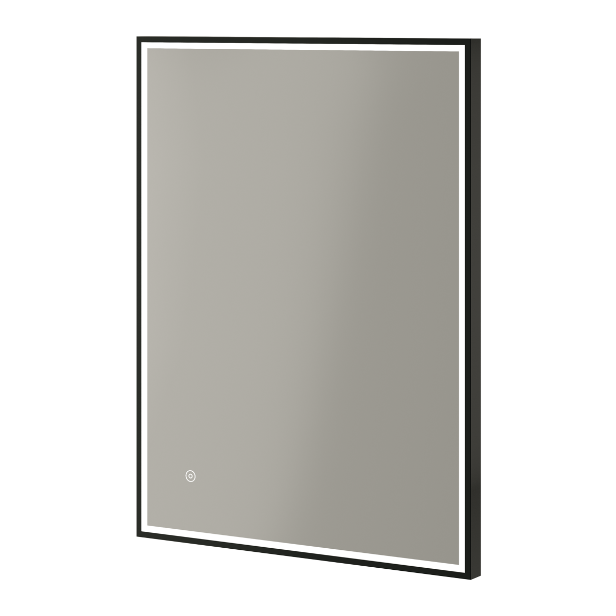 Modern rectangular LED bathroom mirror with black frame and white-lit edge, featuring minimalist design in 500x700mm or 600x800mm dimensions