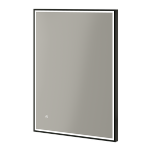 Modern rectangular LED bathroom mirror with black frame and white-lit edge, featuring minimalist design in 500x700mm or 600x800mm dimensions