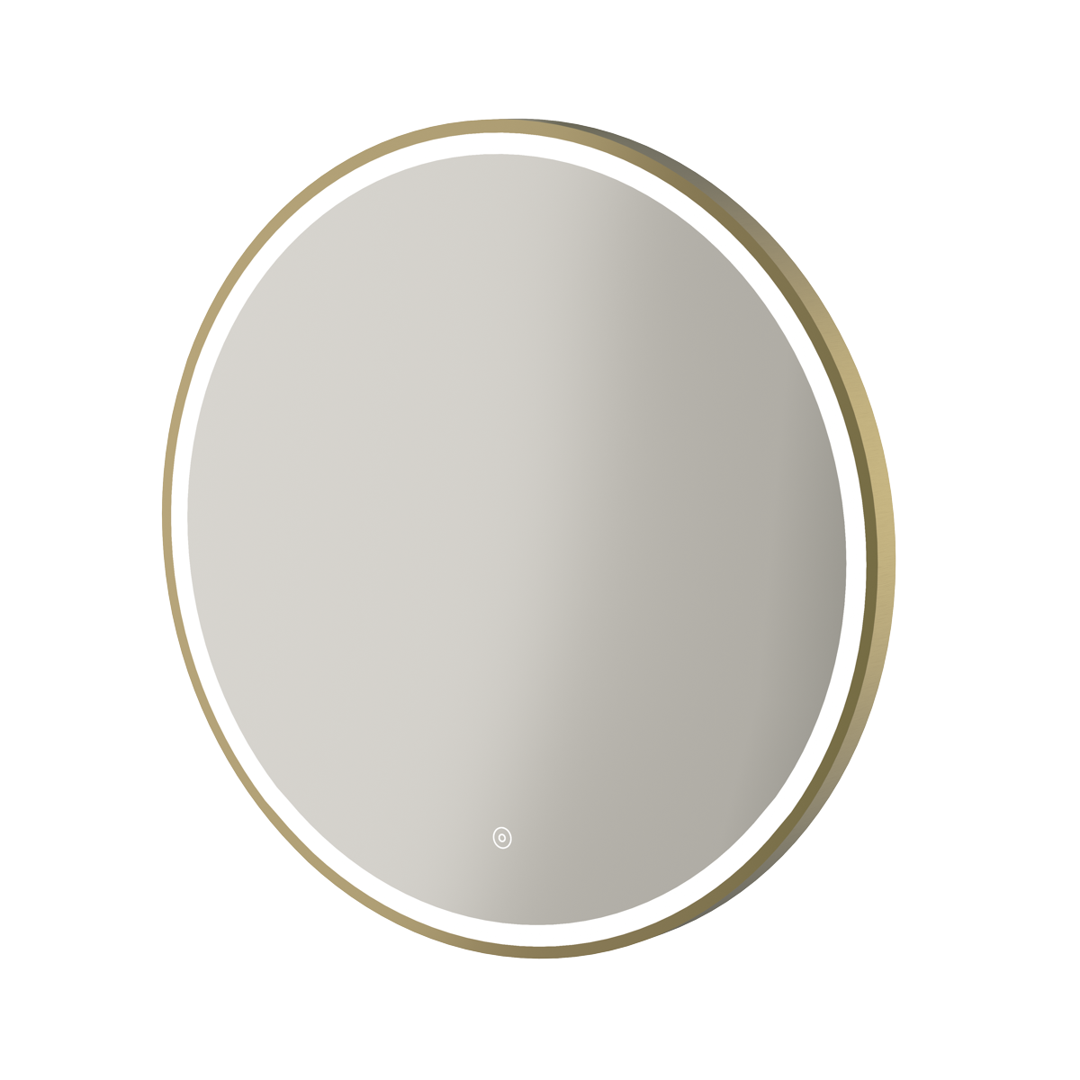 Aqualla Fuse Frame Round LED Bathroom Mirror 700mm in Brushed Brass with integrated LED lighting and white trim ring against white background