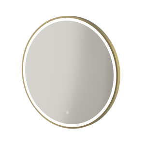 Aqualla Fuse Frame Round LED Bathroom Mirror 700mm in Brushed Brass with integrated LED lighting and white trim ring against white background