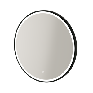 Aqualla Fuse Frame Round LED Bathroom Mirror 700mm with black frame and integrated LED lighting against white background