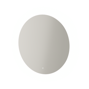 Aqualla Fuse round LED bathroom mirror with soft grey glass frame and integrated LED lighting control button at bottom center, modern minimalist design on white background