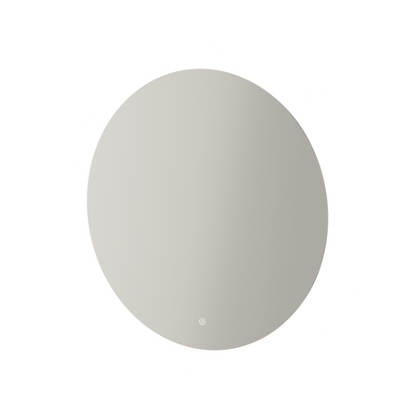 Aqualla Fuse round LED bathroom mirror with soft grey glass frame and integrated LED lighting control button at bottom center, modern minimalist design on white background