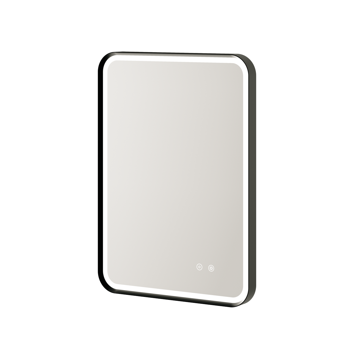 Aqualla Gallery LED bathroom mirror with black frame and rounded corners, featuring illuminated edge lighting and touch controls, displayed at an angle against white background