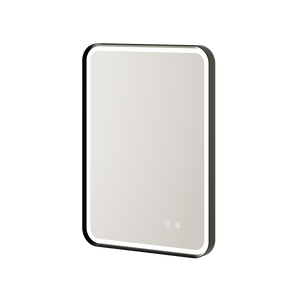 Aqualla Gallery LED bathroom mirror with black frame and rounded corners, featuring illuminated edge lighting and touch controls, displayed at an angle against white background