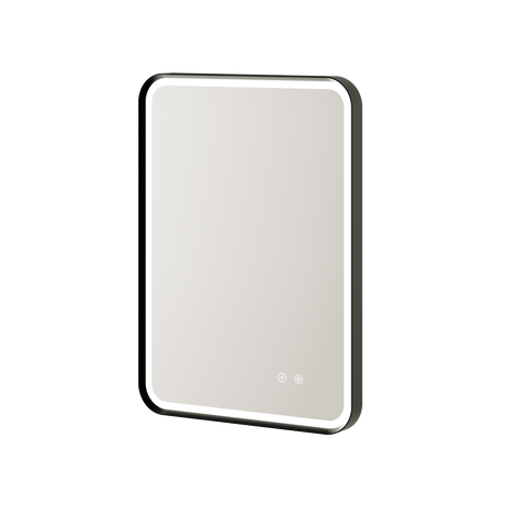 Aqualla Gallery LED bathroom mirror with black frame and rounded corners, featuring illuminated edge lighting and touch controls, displayed at an angle against white background