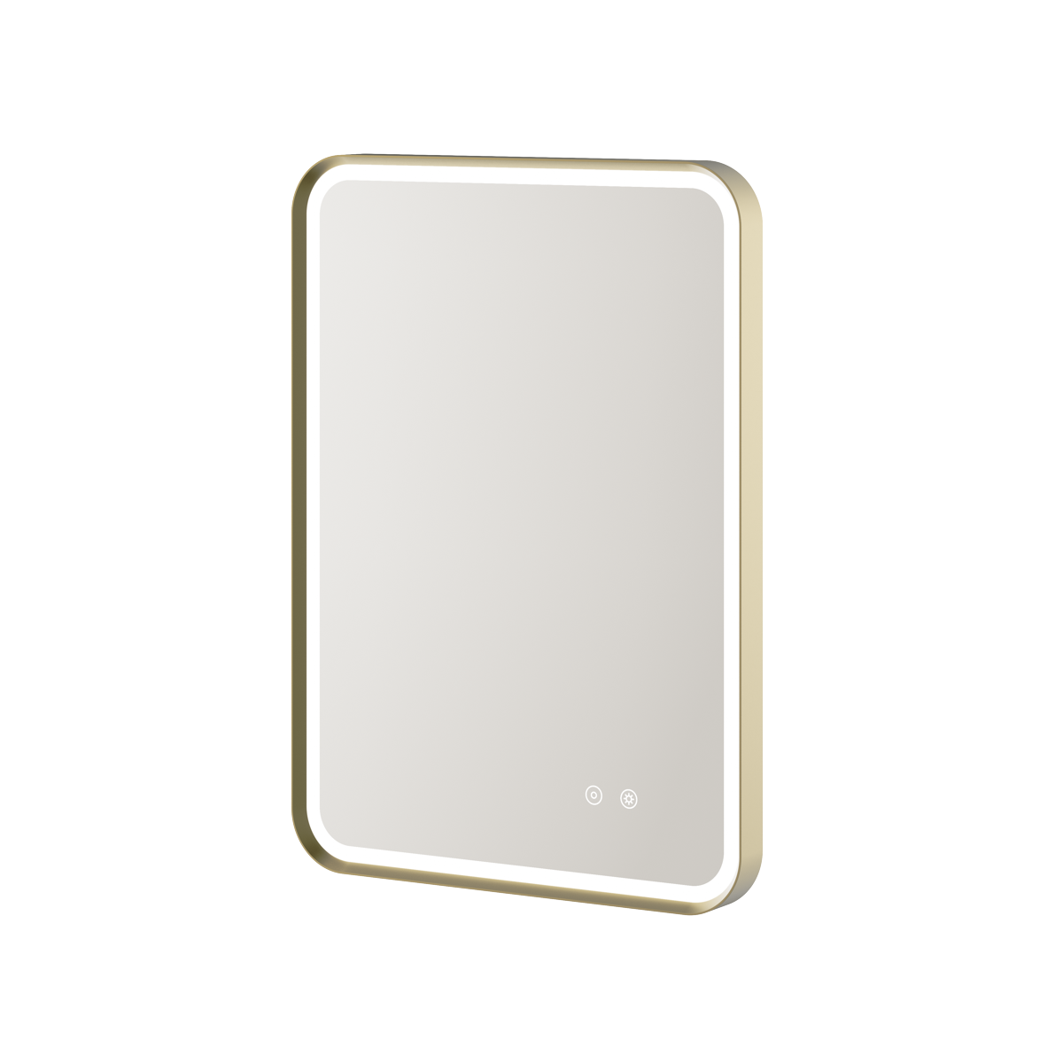 Aqualla Gallery LED bathroom mirror with brushed brass frame, rectangular shape with rounded corners, featuring integrated LED lighting controls at bottom center, 500x700mm or 600x800mm size options available