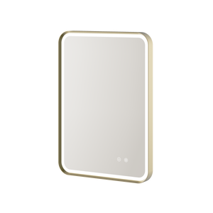 Aqualla Gallery LED bathroom mirror with brushed brass frame, rectangular shape with rounded corners, featuring integrated LED lighting controls at bottom center, 500x700mm or 600x800mm size options available