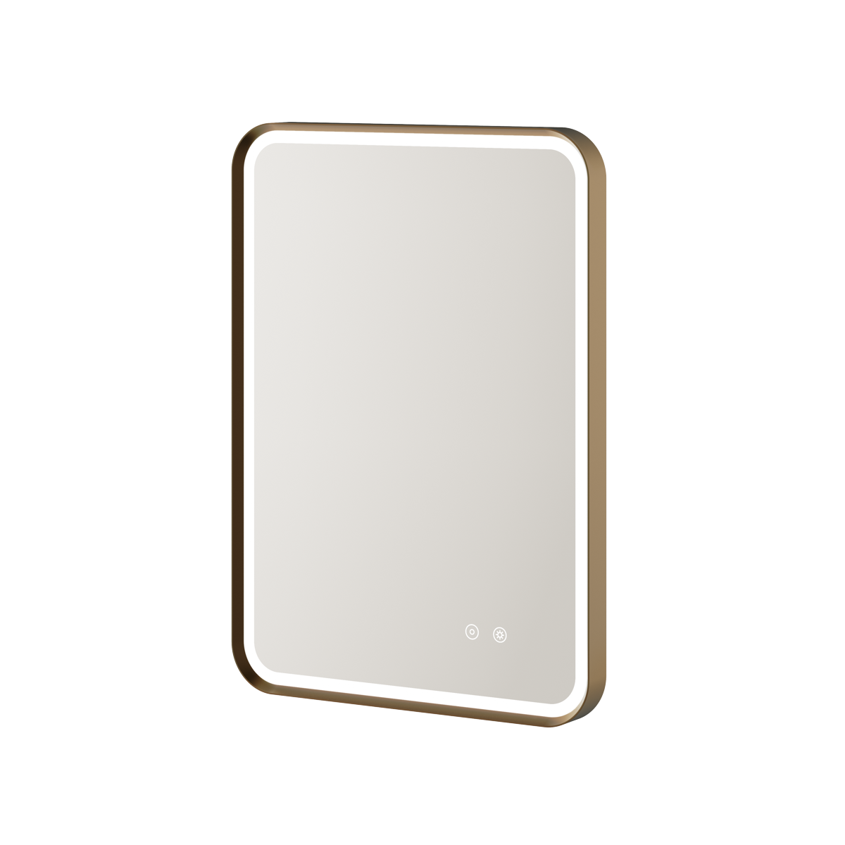 Aqualla Gallery LED bathroom mirror with brushed bronze frame, rounded corners, and integrated touch controls at the base, displayed at an angle against a white background
