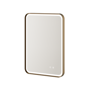 Aqualla Gallery LED bathroom mirror with brushed bronze frame, rounded corners, and integrated touch controls at the base, displayed at an angle against a white background