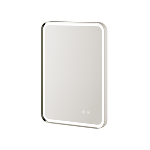 Aqualla Gallery LED bathroom mirror with brushed nickel frame, rounded corners and touch controls, displayed at an angle against white background