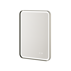 Aqualla Gallery LED bathroom mirror with rounded corners in gunmetal grey frame, featuring integrated LED lighting and touch controls on the reflective surface, portrait orientation