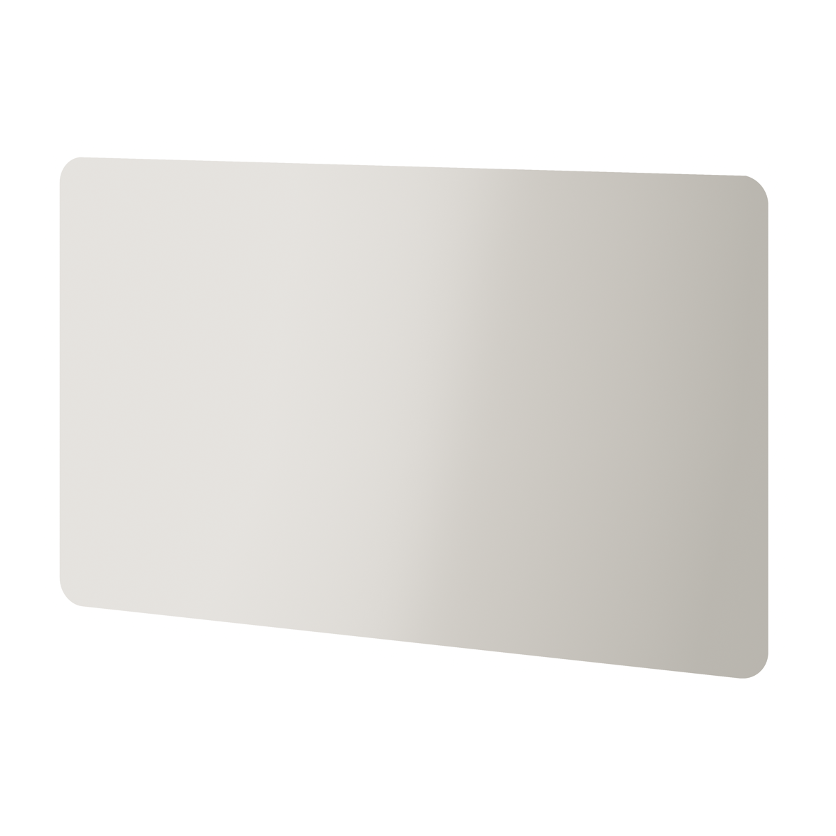 Modern rectangular LED bathroom mirror with rounded corners in light grey finish, displayed at an angle against a white background